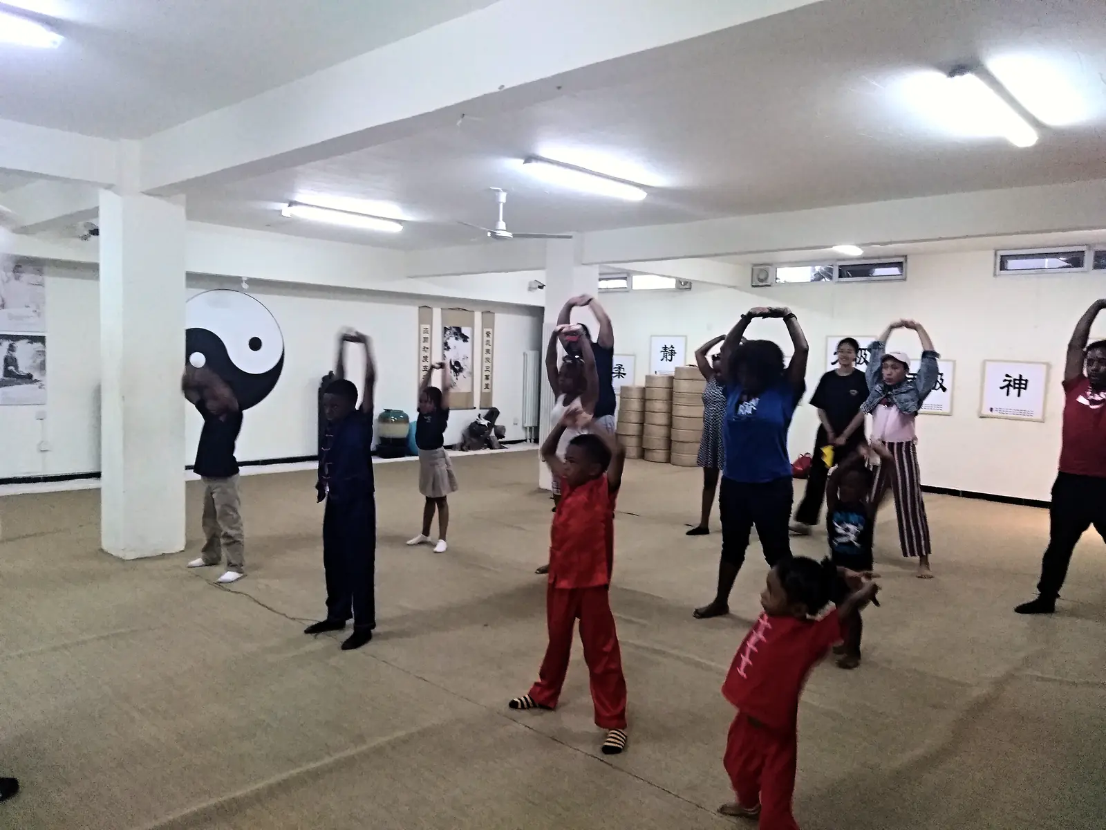 A wushu class practising together in the training hall