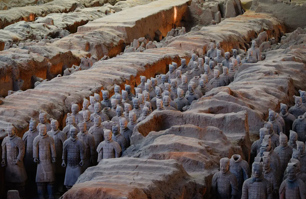 Ranks of Terracotta Army soldiers in their excavation pit at Xi'an — stand-in for a photo of our study groups on the city wall or at the pits