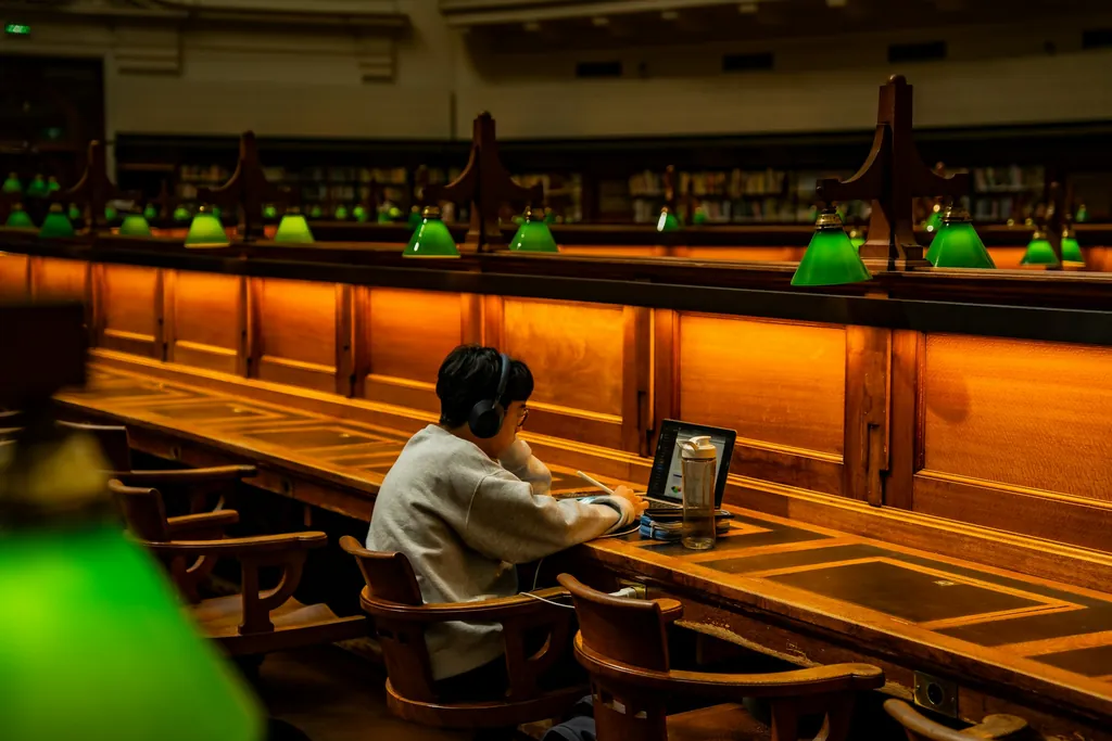A student working alone at a long desk in a warmly lit library reading room — placeholder for a photo of a scholarship student at their Chinese university